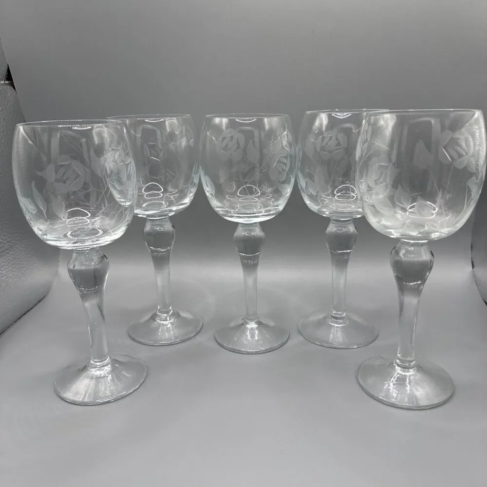 Vintage Etched Rose Crystal Long Stem Wine Glasses Set Of 5, 6.5”